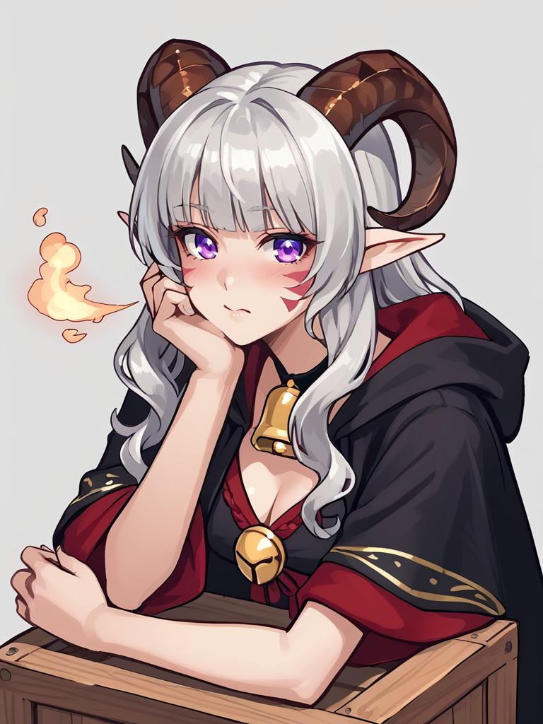 source_furry, score_7_up, rating_safe, gold necklace, tiefing, short pointed ears, brown horns, (a pair of brown sheep Horns that begin at her temples and curve back: 1.5), bangs, long silver hair long wavy hair, pale skin, short pointy ears, purple eyes, <lora:age_slider_v4:0.6>   medium breasts, skinny female, close up, silver hair, <lora:Tieflingnew weird fantasyDND:0.3> Tiefling, pointed ears, horns, <lora:Smooth Style 2 SDXL_LoRA_Pony Diffusion V6 XL:0.5> bell, robe, hood off,  < <lora:whisker_markings:0.8>red whisker_markings, 
 <lora:Crate:0.8> sit on crate, sitting, full body, 
 <lora:breath_weapon:0.8> breath_weapon ,gas  breath breath_left, looking left  ,