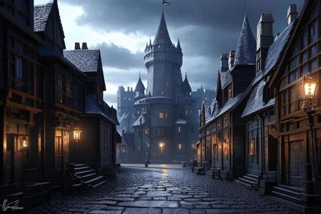 (masterpiece:1.2), (best quality,:1.2), 8k, HDR, ultra detailed, ((photorealistic)), professional light, cinematic lighting, fashion photography, ambient lighting, background, a dark medieval street leading to (a gothic castle on a hill),  Darkness, <lora:Darkness-10:1>,  epiCPhoto,