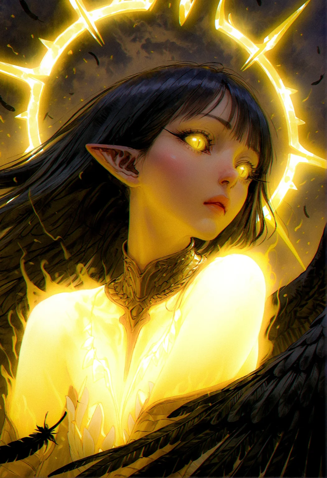 realistic textured painterly, 
(by misawa hiroshi:1.15), cinematic,  realistic, nose, lips,  (glowing yellow aura:1.1) theme, (dynamic pose:1.2), glowing yellow arms, aurel crown, 1girl, black hair, straight hair, sideways glance, staring, glowing yellow eyes, slit pupils, thick eyelashes, long eyelashes, glowing halo, winged halo, elf ears, glowing clothes, glowing eyes, black feathers, feathered wings, detailed background, glowing theme,
very awa, best quality, highres, masterpiece,
<lora:nhl-002-nai:1.0>,  nhl-002,