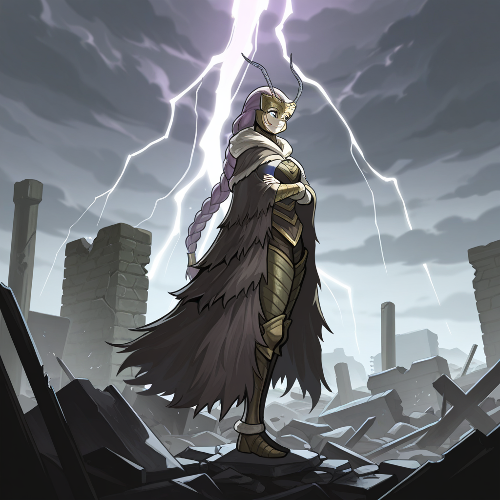 highres, best quality, masterpiece, very aesthetic, newest,1girl,solo,queenbeemon,antenna,purple hair,braided ponytail,hair ornament,green eyes, <lora:QueenBeemonIllustrious:1>,  dark souls,grimdark,apocalyptic,ruins,rubble,dark souls \(series\),full body,standing,cape,arms folded,from side,lightning,storm,clouds,neutral expression