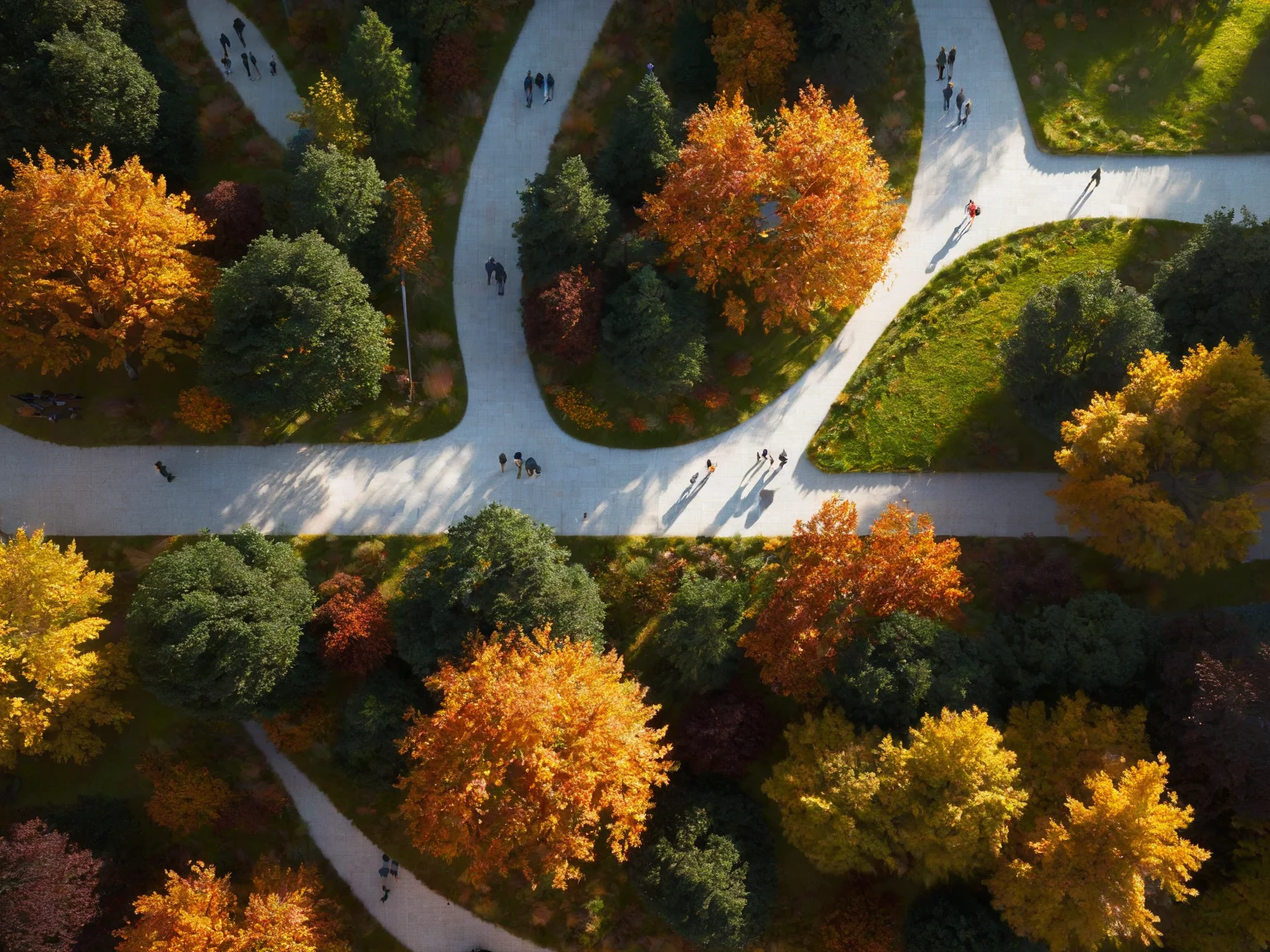 The image is an aerial view of a serene park or garden. It showcases a pathway weaving through the landscape, surrounded by lush greenery and trees with autumnal hues. There are several people scattered across the park, some walking on the path and others sitting on benches. The sunlight casts shadows, adding depth and dimension to the scene.<lora:binshui-000025:0.6>