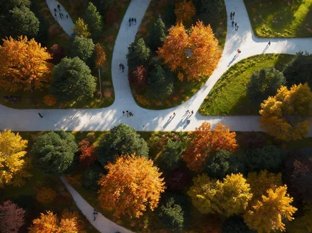 The image is an aerial view of a serene park or garden. It showcases a pathway weaving through the landscape, surrounded by lush greenery and trees with autumnal hues. There are several people scattered across the park, some walking on the path and others sitting on benches. The sunlight casts shadows, adding depth and dimension to the scene.<lora:binshui-000025:0.6>