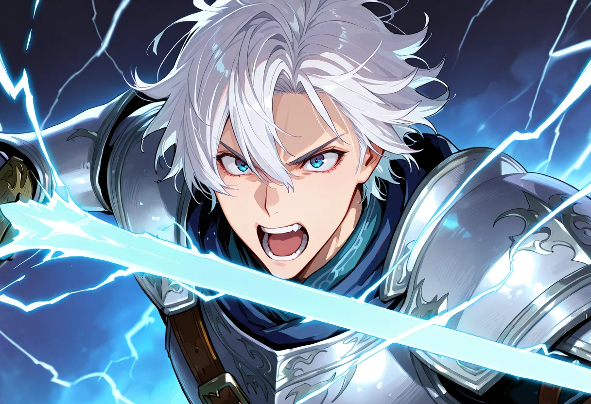 <lora:takeda_hiromitsu_style_illustrious_goofy:1>, <lora:noobai_vpred_1_masterpieces_v23:1>, <lora:Eyes_Lora_Pony_Perfect_eyes:1> , masterpiece, fantasy\(theme\), thick outlines, best quality, 1boy, handsome, 18-year-old, short messy hair, white hair, off-center sideswept fringe, right hairline parting, visible hairline, blue eyes, shouting, light armor, drawing sword, lightning magic, side view