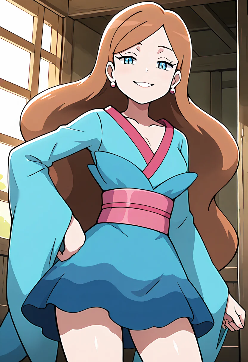 masterpiece, best quality, 1girl, solo, looking at viewer, smile, zzLinnea, blue eyes, brown hair, long hair, earrings, blue kimono, sash, , <lora:LinneaPokemon_IXL_v2:1.0>, cowboy shot, hand on hip, smug, smile, looking at viewer, shiny skin,
