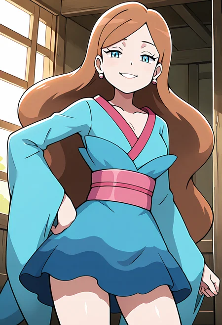 masterpiece, best quality, 1girl, solo, looking at viewer, smile, zzLinnea, blue eyes, brown hair, long hair, earrings, blue kimono, sash, , <lora:LinneaPokemon_IXL_v2:1.0>, cowboy shot, hand on hip, smug, smile, looking at viewer, shiny skin,
