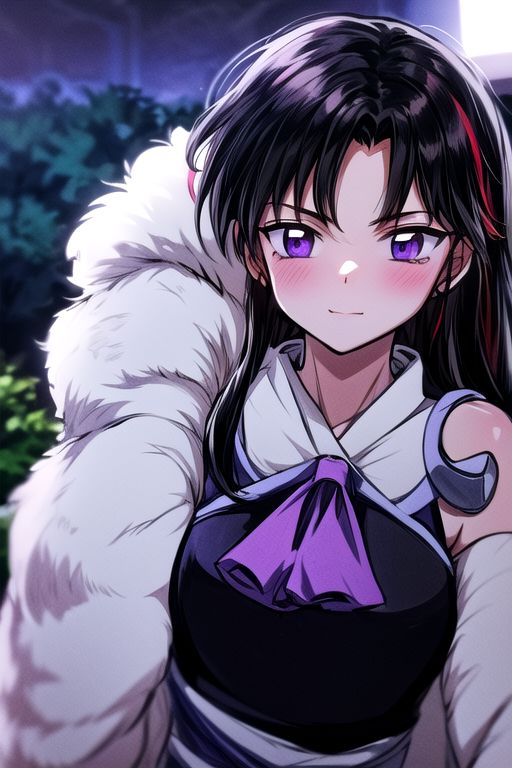 masterpiece,  best quality 1girl Setsun4 solo long hair,  (night time) forest background black hair very long hair purple eyes multicolored hair armor (fur trim) (medium body),<lora:EMS-179-EMS:0.800000>,<lora:EMS-293862-EMS:0.800000> bow, hair_bow, hair_tubes, red_bow, brown_hair, long_hair, bangs, ascot, frilled_bow, yellow_ascot, blush, smile, hair_between_eyes, athletic, armor, miko