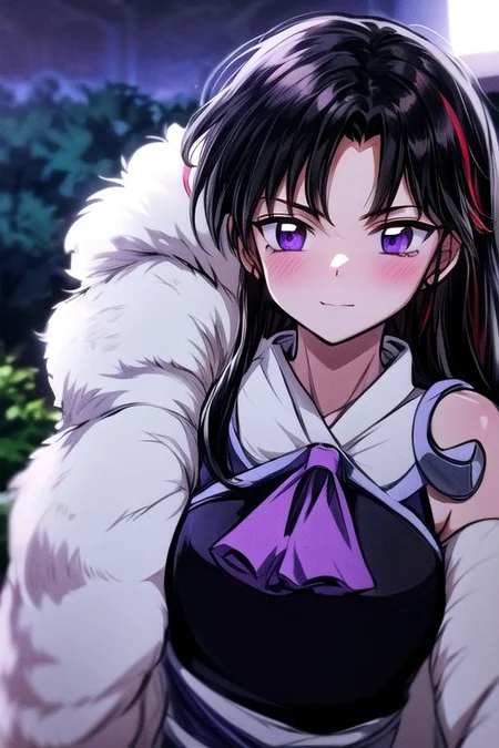 masterpiece, best quality 1girl Setsun4 solo long hair, (night time) forest background black hair very long hair purple eyes multicolored hair armor (fur trim) (medium body),<lora:EMS-179-EMS:0.800000>,<lora:EMS-293862-EMS:0.800000> bow, hair_bow, hair_tubes, red_bow, brown_hair, long_hair, bangs, ascot, frilled_bow, yellow_ascot, blush, smile, hair_between_eyes, athletic, armor, miko