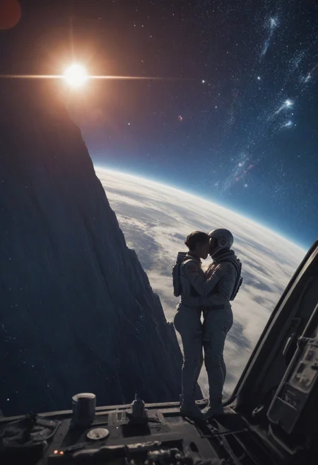 score_9, score_8_up, score_7_up, score_6_up, score_5_up, score_4_up,A romantic space scene featuring a couple in futuristic, sleek space suits, floating in zero gravity near a heart-shaped asteroid. The breathtaking view of Saturn’s rings (or a similar gas giant with majestic rings) fills the background, glowing softly in the cosmic light. The couple holds hands, gently drifting together in the vastness of space. Their visors reflect the beautiful celestial scenery, adding to the dreamy atmosphere. The scene is illuminated by soft starlight and the planet’s glow, creating a warm and intimate mood despite the cold expanse of space. Ultra-detailed, cinematic lighting, high resolution, 4K, stunning realism.
