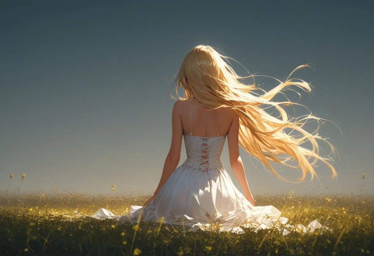 score_9,score_8_up,score_7_up,score_6_up, 1girl; white dress; translucent, open field; foggy; misty; grass; red poppies; very long hair; extremely long hair; hair blowing across full scene; hair blowing to the left; blonde hair; blowing in the wind; strong wind; neutral expression; facing away, from behind; three point perspective