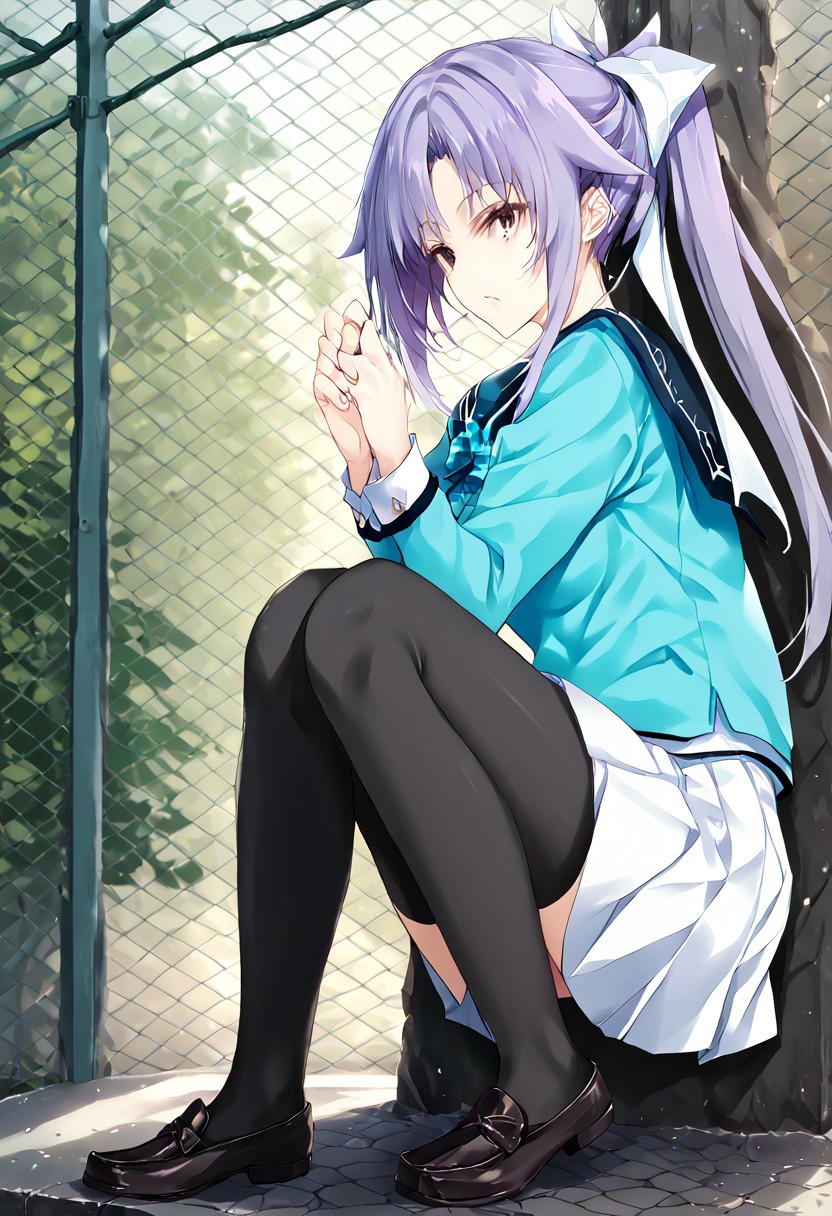 score_9, score_8_up, score_7_up, score_6_up, score_5_up, score_4_up, source_anime, 1girl, solo, 
hime, purple hair, brown eyes, seihuku, light blue uniform, light blue ribbon, white skirt, black_thighhighs, loafers, 
masterpiece, best quality, very aesthetic, absurdres,