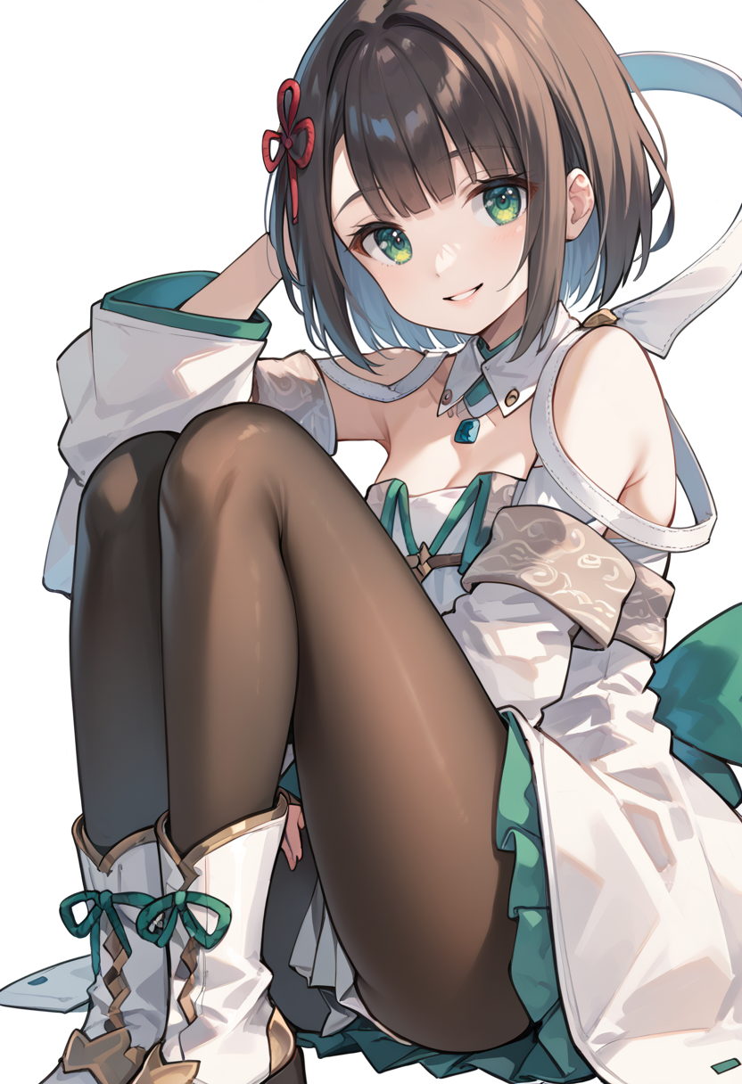 (score_9:0.9),score_8_up,score_7_up,rating_safe,anime style,(zPDXL),<lora:Xb3 miyabi ponyXL v1:0.77>,miyabi xb3,white detached sleeves,white dress,white detached collar,red hair ornament,1girl,solo,simple background,looking at viewer,smile,sitting,black pantyhose,white background,hugging own legs,white knee boots,