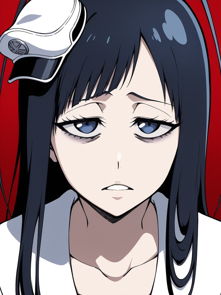 score_9, score_8_up, score_7_up,  
1boy, androgynous, giselle gewelle, blue eyes, black hair, long hair, antenna hair,

minihat, white dress, collarbone, 
face, close-up, red background,

looking at viewer, frown, parted lips, narrowed eyes, bags under eyes,
disgust,