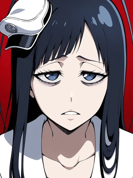 score_9, score_8_up, score_7_up,  
1boy, androgynous, giselle gewelle, blue eyes, black hair, long hair, antenna hair,

minihat, white dress, collarbone, 
face, close-up, red background,

looking at viewer, frown, parted lips, narrowed eyes, bags under eyes,
disgust,