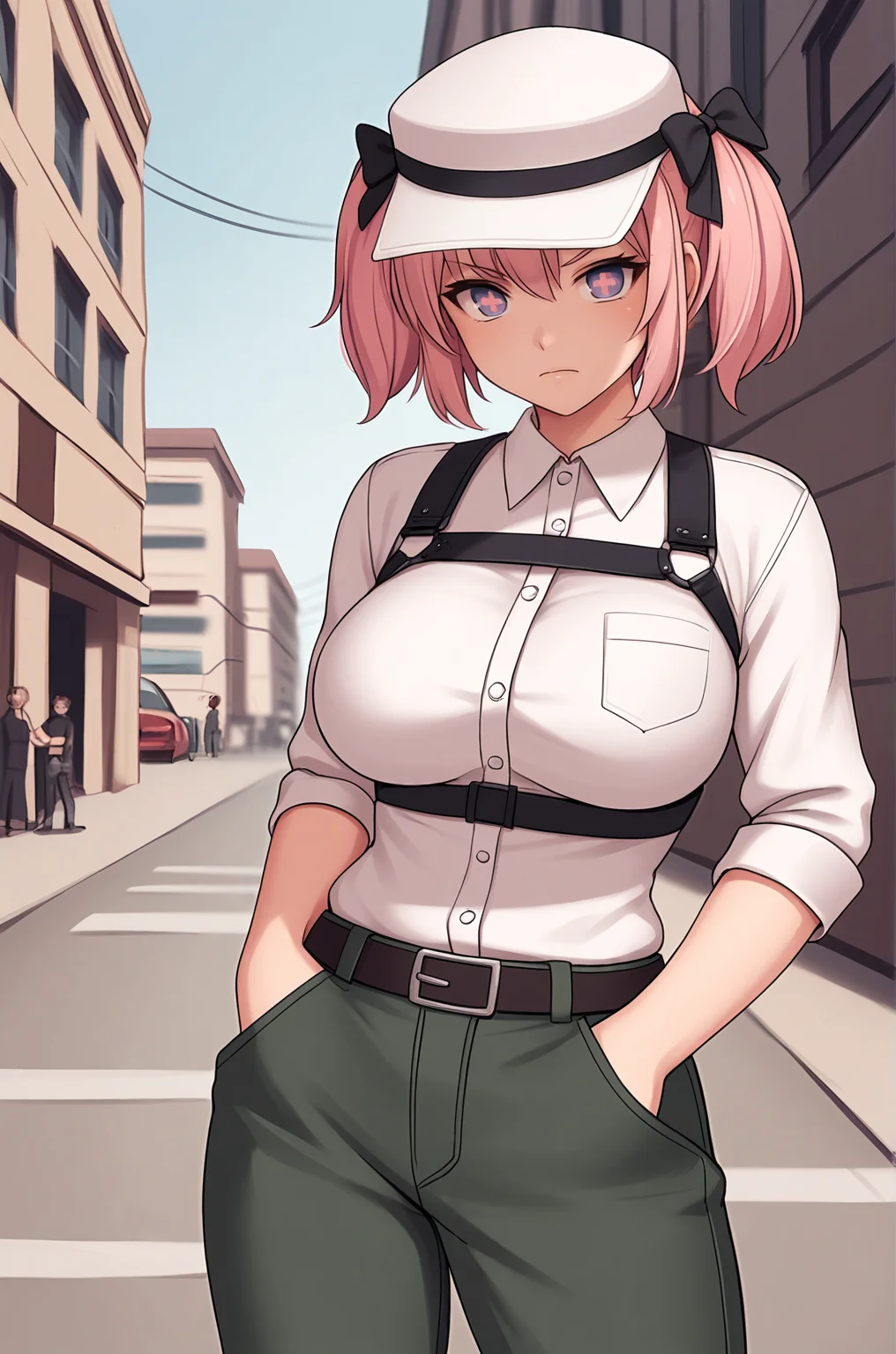 anime artwork, score_9, score_8_up, score_7_up, source_anime, BREAK, thick outline, fat outline,
Hibari_XL, purple eyes, cross-shaped pupils, pink short hair, short twintails, black hair bows, large breasts, BREAK, (harness:1.3), white shirt, hat, dark green trousers, BREAK, city streets, hands in pockets, evening, dark, warm colors, serious expression,
<lora:Hibari_XL_r1:0.7>
<lora:PersonalAmi_PonyXL:1.0>