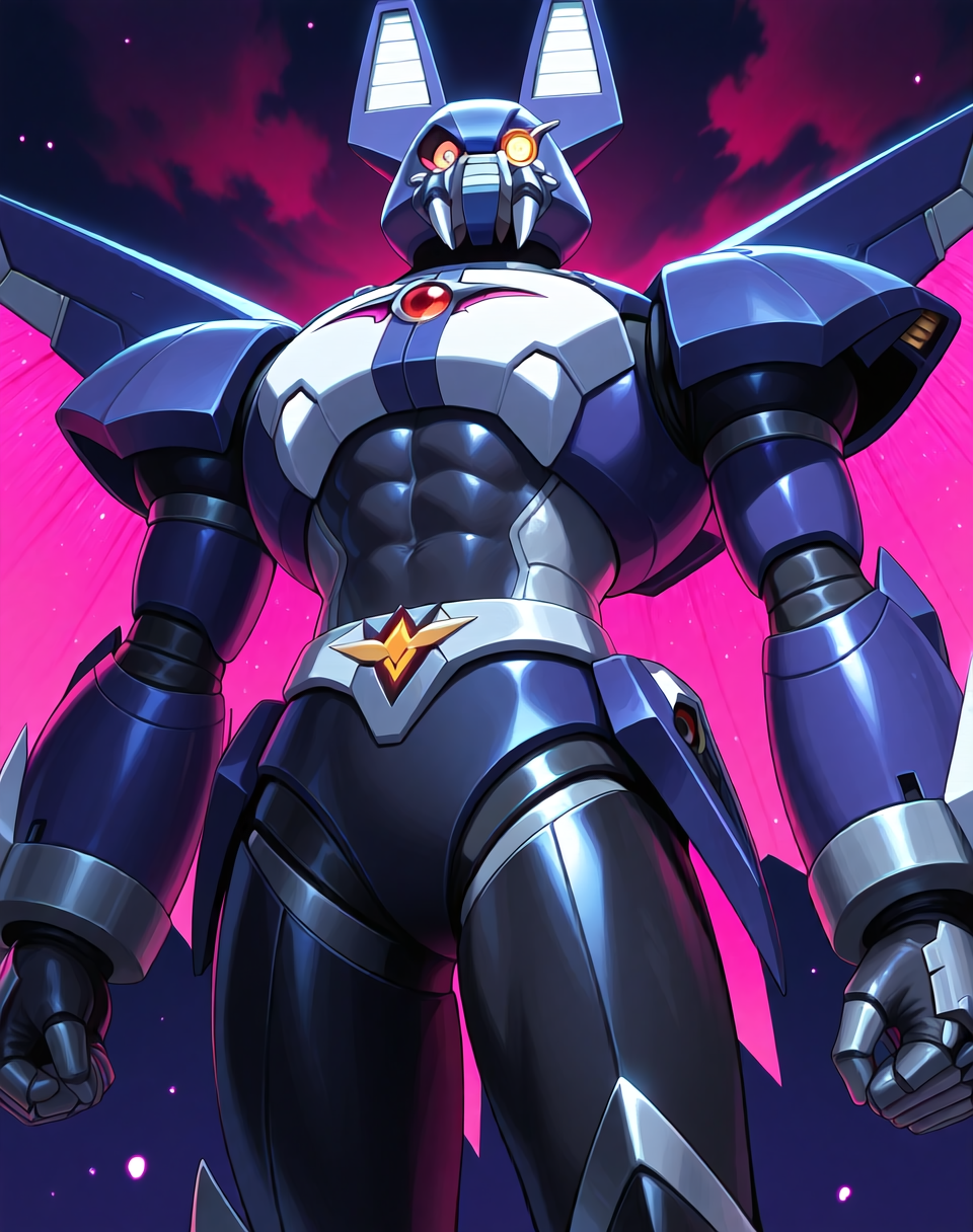 <lora:Dark_Necrobat_(Mega_Man_X)_(Illustrious)_(AD):1> Dark Necrobat, reploid, MMX, 
exterior, night sky with dark clouds,
male focus, intense shadows, dynamic shadows, intricate details, attention to details, gradient coloring, bright vivid colors, robot, abs, bent leg, glossy metal body, dynamic action, cowboy shot, 
BREAK very awe, masterpiece, best quality, amazing quality, very aesthetic, highres, absurdres, photographic realism, 8K CGI render, 
EZRealPONYXL, zPDXL, Smooth Quality, lazynsfw,