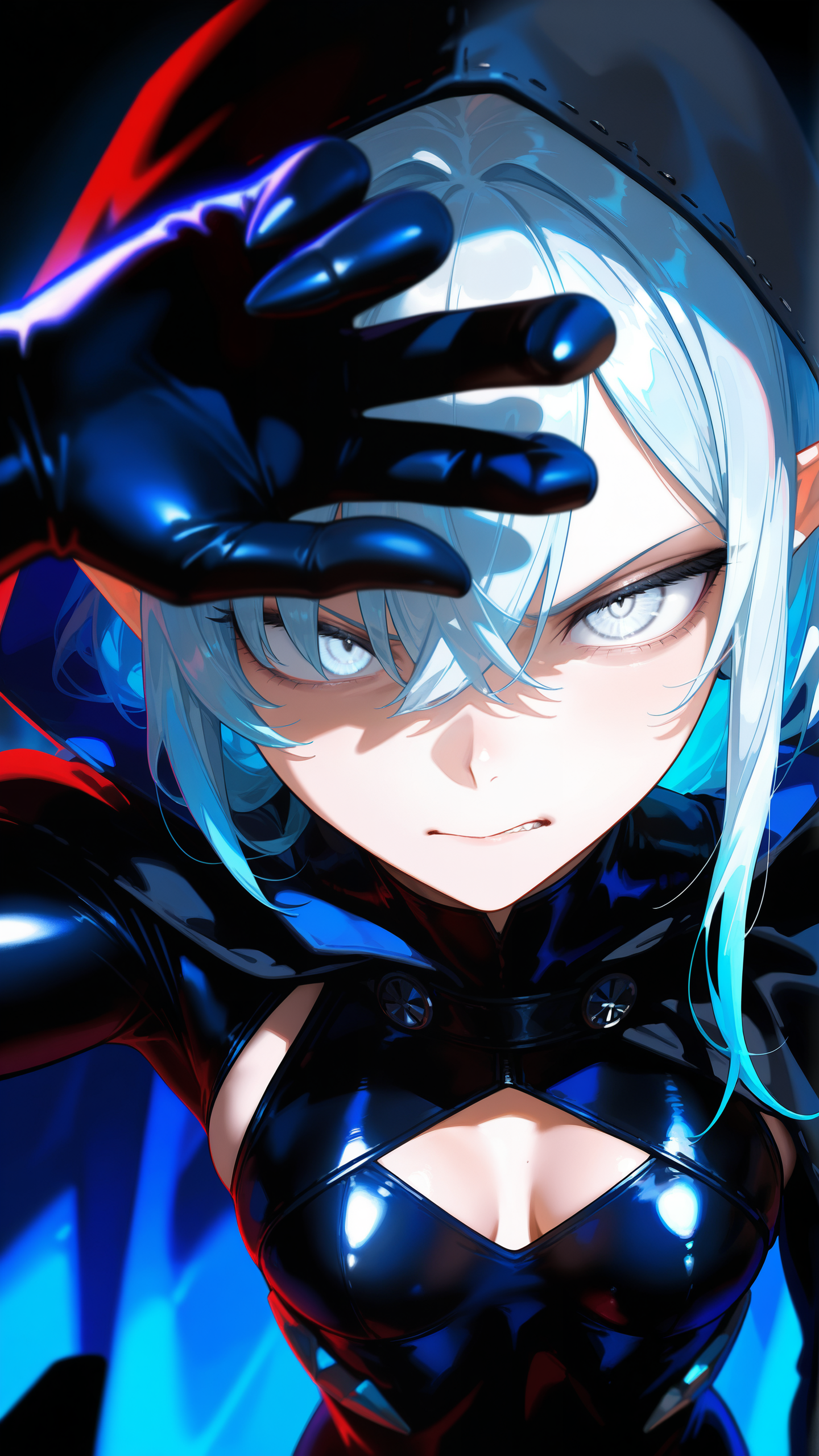 masterpiece, best quality, amazing quality, very aesthetic, absurdres, newest, scenery, (beautiful high-elf), wearing leather armor, wearing black form fitting bodysuit, wearing a hooded black cloak, perfect body, muscular slender body, skinny, low bangs covering eyes, blue colored hair, sharp glaring iridescent silver eyes, stoic expression, close-up, masterpiece, best quality, amazing quality, very aesthetic, absurdres, newest, scenery