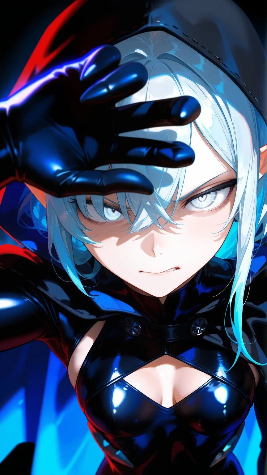 masterpiece, best quality, amazing quality, very aesthetic, absurdres, newest, scenery, (beautiful high-elf), wearing leather armor, wearing black form fitting bodysuit, wearing a hooded black cloak, perfect body, muscular slender body, skinny, low bangs covering eyes, blue colored hair, sharp glaring iridescent silver eyes, stoic expression, close-up, masterpiece, best quality, amazing quality, very aesthetic, absurdres, newest, scenery