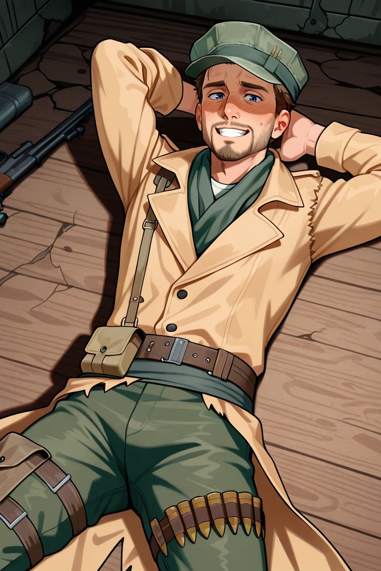 score_9, score_8_up, score_7_up, score_6_up, perfect anatomy, perfect proportions, best quality, masterpiece, high_resolution, high quality, best aesthetic, incredibly absurdres, highres, extremely detailed, huge filesize, solo male, adult, mature, masculine, manly, handsome, charming, alluring, standing, upper body, dutch angle, cowboy shot, perfect face, Robert MacCready, FO4MacCready, brown hair, short hair, blue eyes, facial hair, beard, MacCready_Outfit, white undershirt, tan duster coat, heavily damaged leather duster, green scarf, utility cover, utility cap with two rifle rounds, combat webbing sling, olive green fatigues pants, tactical pouch on right thigh, leg bandolier, indoors, lying on wooden floor, lying on back, spread legs, hand behind head, grin, bashful, blush, embarrassed, nervous, Fallout 4 location, post-apocalyptic ruins, desolated landscape