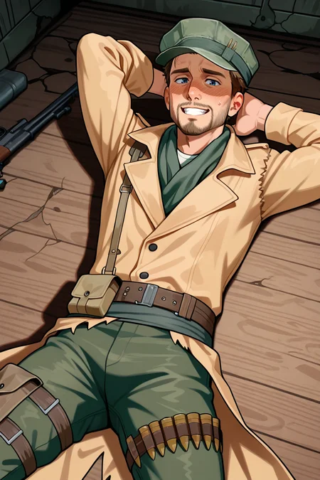 score_9, score_8_up, score_7_up, score_6_up, perfect anatomy, perfect proportions, best quality, masterpiece, high_resolution, high quality, best aesthetic, incredibly absurdres, highres, extremely detailed, huge filesize, solo male, adult, mature, masculine, manly, handsome, charming, alluring, standing, upper body, dutch angle, cowboy shot, perfect face, Robert MacCready, FO4MacCready, brown hair, short hair, blue eyes, facial hair, beard, MacCready_Outfit, white undershirt, tan duster coat, heavily damaged leather duster, green scarf, utility cover, utility cap with two rifle rounds, combat webbing sling, olive green fatigues pants, tactical pouch on right thigh, leg bandolier, indoors, lying on wooden floor, lying on back, spread legs, hand behind head, grin, bashful, blush, embarrassed, nervous, Fallout 4 location, post-apocalyptic ruins, desolated landscape