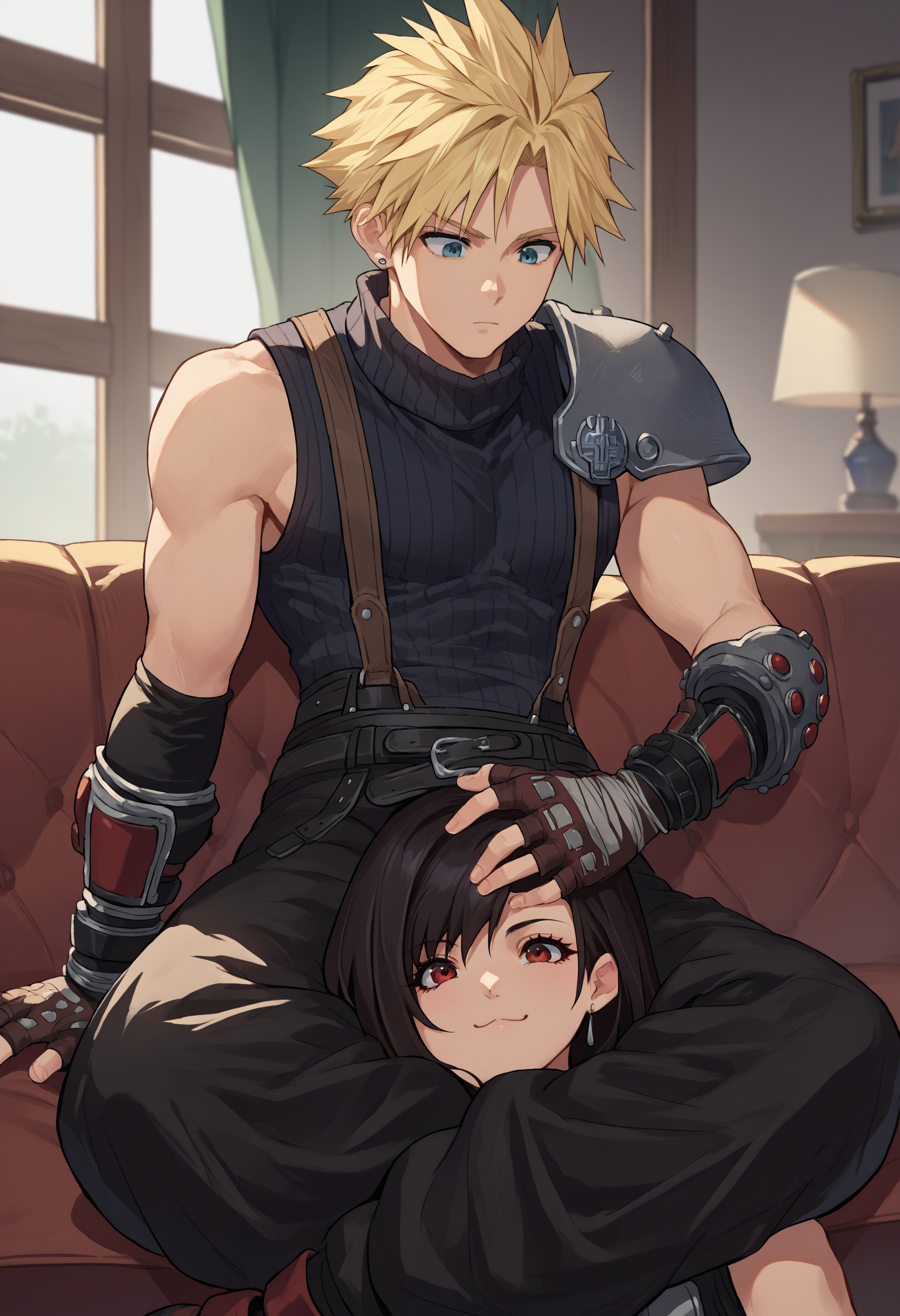 score_9, score_8_up, score_7_up, source_anime, scissorhold, leg lock, <lora:Scissorhold_BetweenThighs_XLPD:0.5>, sitting, indoors, 
BREAK 1boy, <lora:cloudstrife-pdxl-nvwls-v1:0.8> defCloud, blonde hair, single earring, suspenders, shoulder armor, sleeveless turtleneck, belt, baggy pants,
BREAK evil smile, 1girl, tifa lockhart, black hair, red eyes, belt, baggy pants,