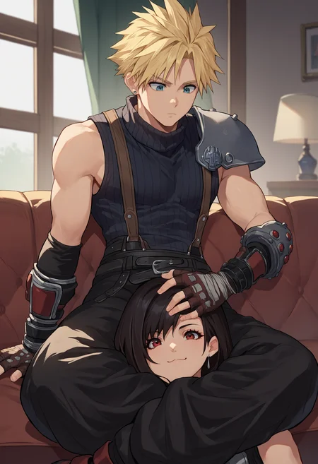 score_9, score_8_up, score_7_up, source_anime, scissorhold, leg lock, <lora:Scissorhold_BetweenThighs_XLPD:0.5>, sitting, indoors, 
BREAK 1boy, <lora:cloudstrife-pdxl-nvwls-v1:0.8> defCloud, blonde hair, single earring, suspenders, shoulder armor, sleeveless turtleneck, belt, baggy pants,
BREAK evil smile, 1girl, tifa lockhart, black hair, red eyes, belt, baggy pants,