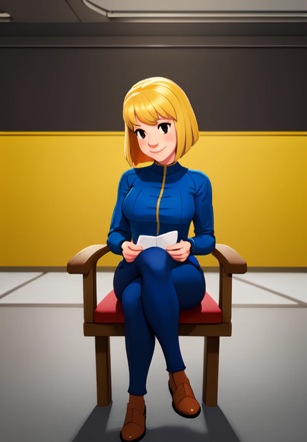sfw, <lora:vault-girl:0.8>, vault-girl, 1girl, solo, smile, sitting, (masterpiece, best quality, absurdres, detailed, ultra-detailed:1.3), gorgeous, (trending on CGSociety, trending on pixiv, contest winner:1.3)