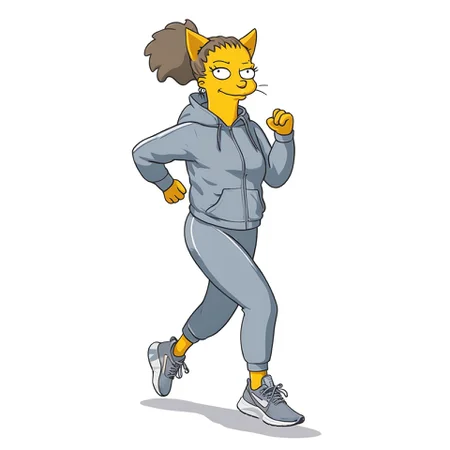 A HuMeow woman jogging in athletic clothing simpstyle <lora:SDXL-HuMeow-LoRA-r8-000003:1> <lora:SDXL-simpstyle-Lora-r8:0.65>