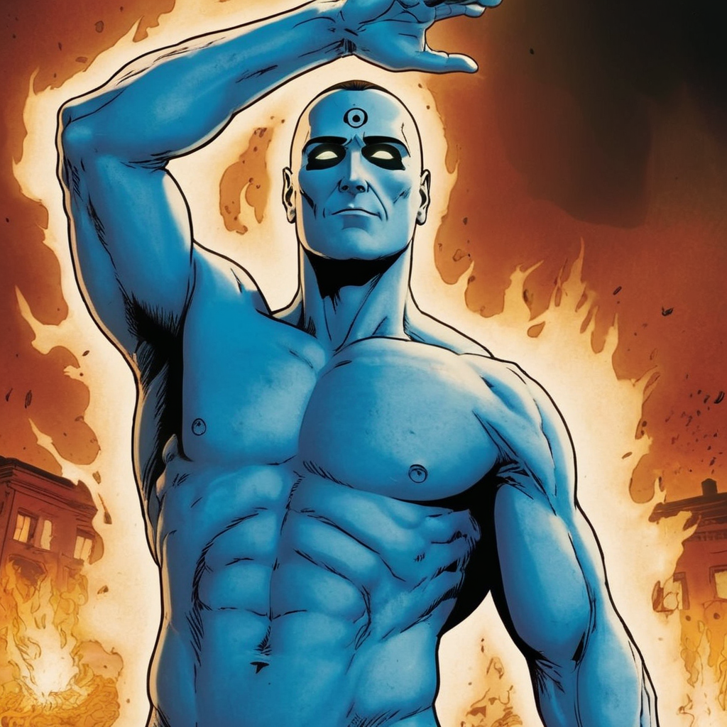 comic book art of Doctor Manhattan <lora:Doctor Manhattan:1.2>
Doctor Manhattan a giant man with a blue face and a shredded ripped body In Watchmen with big fire in background Universe, comic art, graphic novel illustration