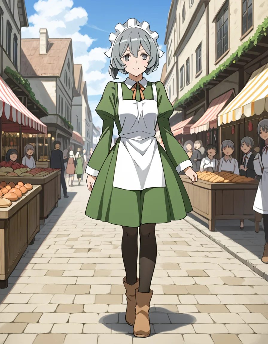 score_9, score_8_up, score_7_up, source_anime, BREAK
1girl, happy, walking, full body, market stall, crowd, 
outdoors, street, noon light, blue sky, scenery, old village, 
syr flova, short hair, grey hair, ponytail, hair between eyes, grey eyes,
waitress outfit, maid headdress, neck ribbon, green dress, collared dress, neck ribbon, white apron, juliet sleeves, long sleeves, black pantyhose, boots,
<lora:syr_flova_anime-soralz:1>