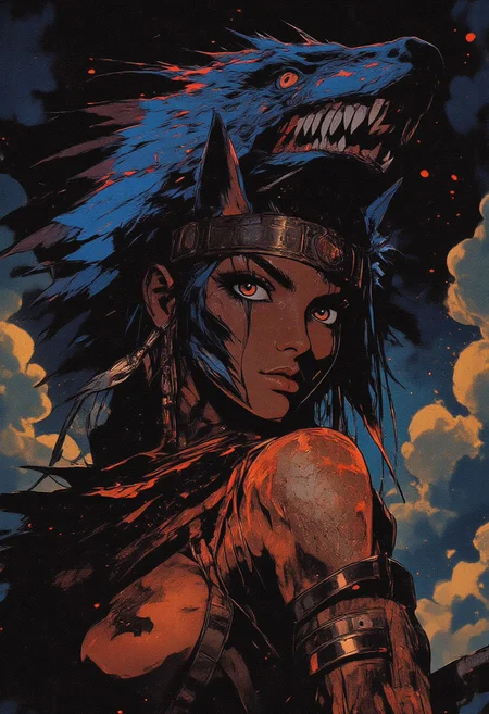 Female aztec warrior, tribal, wolf headdress, spirit energy, energies flowing, war paint, face paint, eye black, glowing eyes, in profile, toned arms, braided hair, large breasts, dark and moody background, adds a dramatic tone, subtle lighting reflections, ray traced, foreshortening, particle effect, Holding a sword,
Arcane power surging through her veins, channeling power,