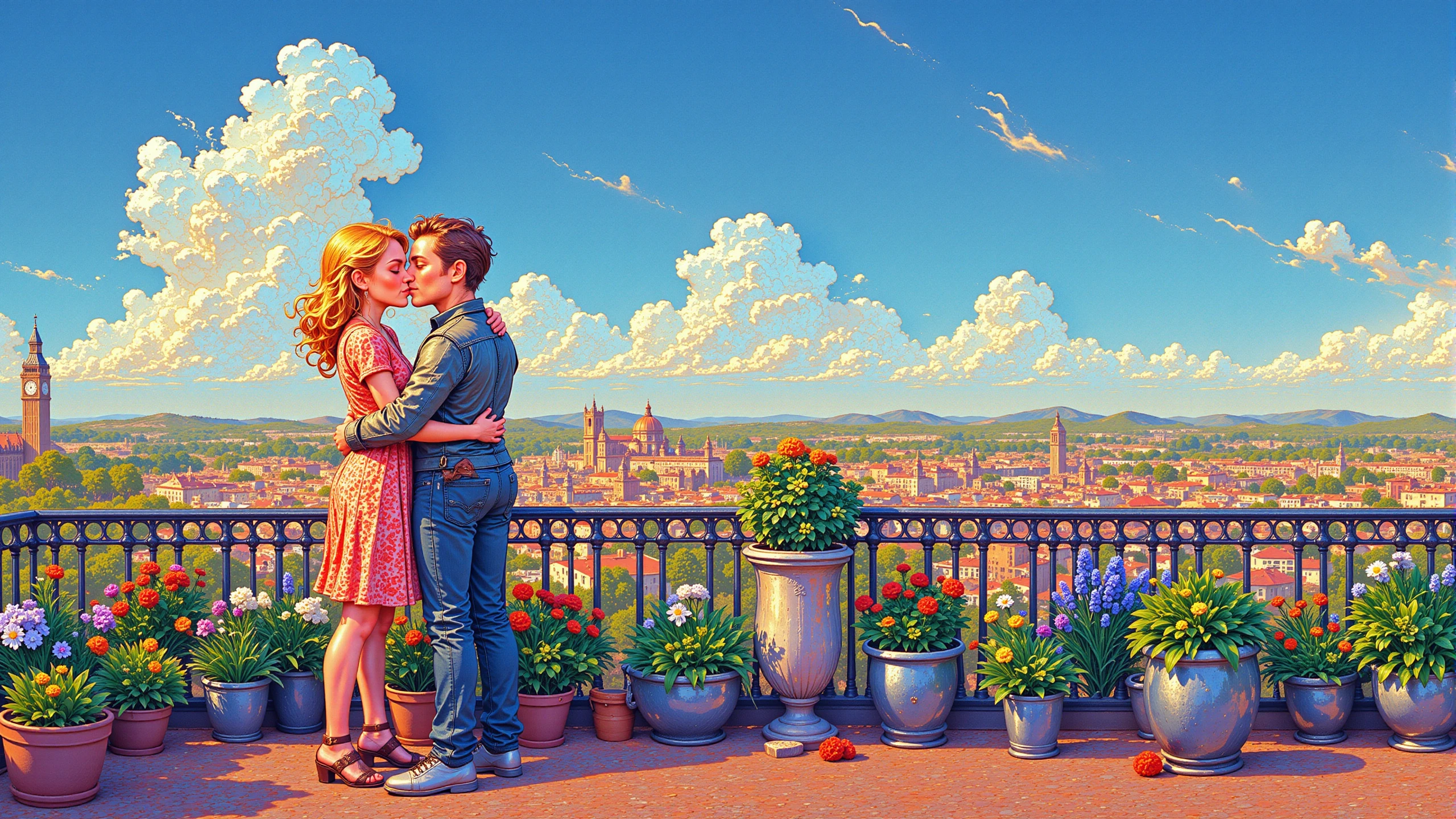 a romantic kiss on a rooftop terrace beautiful  landscape, early morning, woman, very intricate, very detailed, sharp, bright, colorful, <lora:Hand v2:0.5> <lora:Anti-Blur:1><lora:Insane Detail Slider:0.25>  <lora:flux.1_lora_flyway_Epic-detail_v2:0.3> <lora:fluxenhancer:0.25> <lora:Saturday_Morning_Cartoon_Style_FLUX:1> Cartoon Style