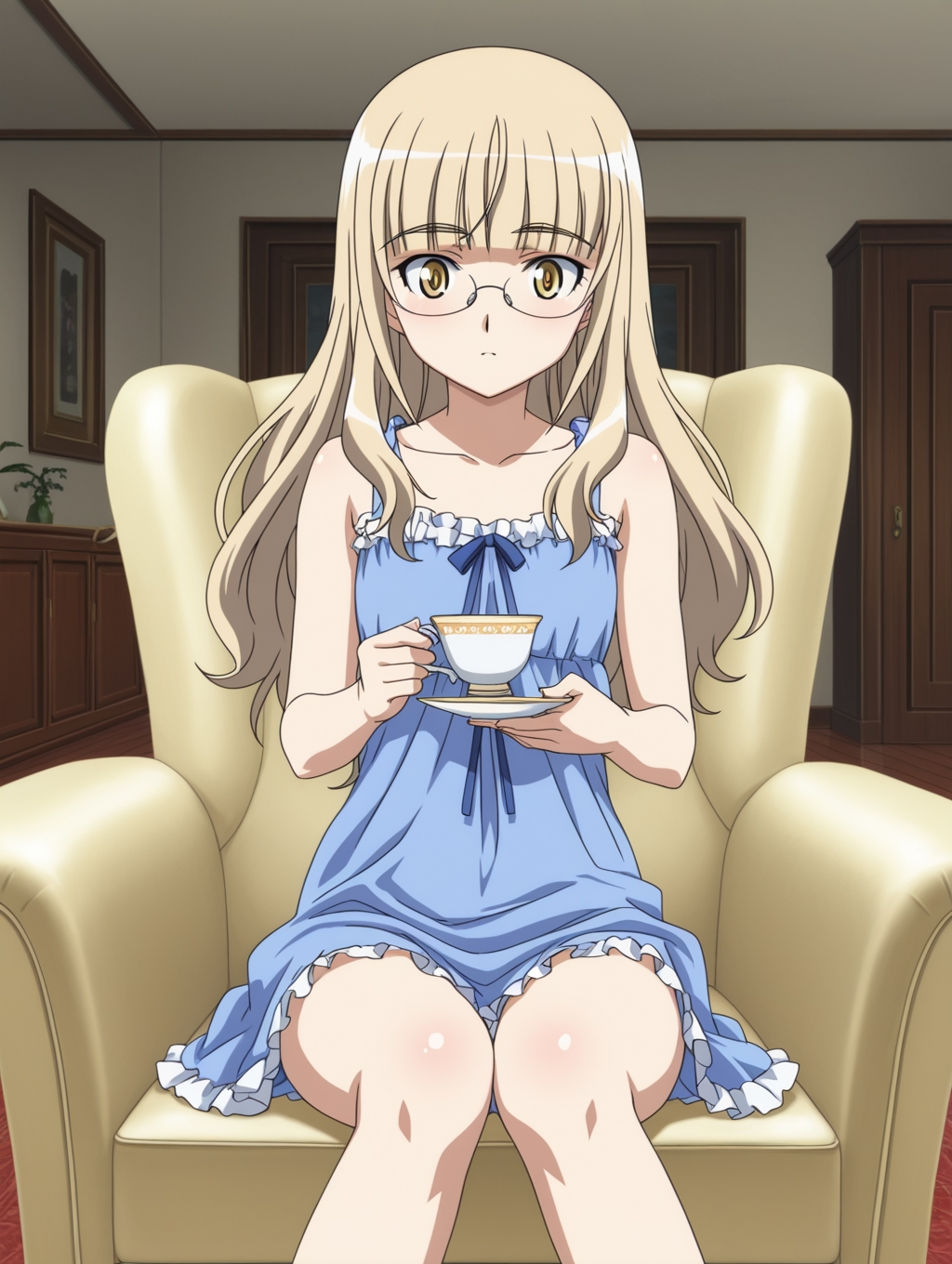 masterpiece, best quality, amazing quality, detailed background, perfect eyes, anime coloring, anime screenshot, 2000s \(style\), 1girl, solo, perrine h. clostermann, blonde hair, long hair, yellow eyes, nightgown, blue dress, sleeveless, frills, collarbone, bare shoulders, (indoors, living room, sitting, armchair, holding teacup)