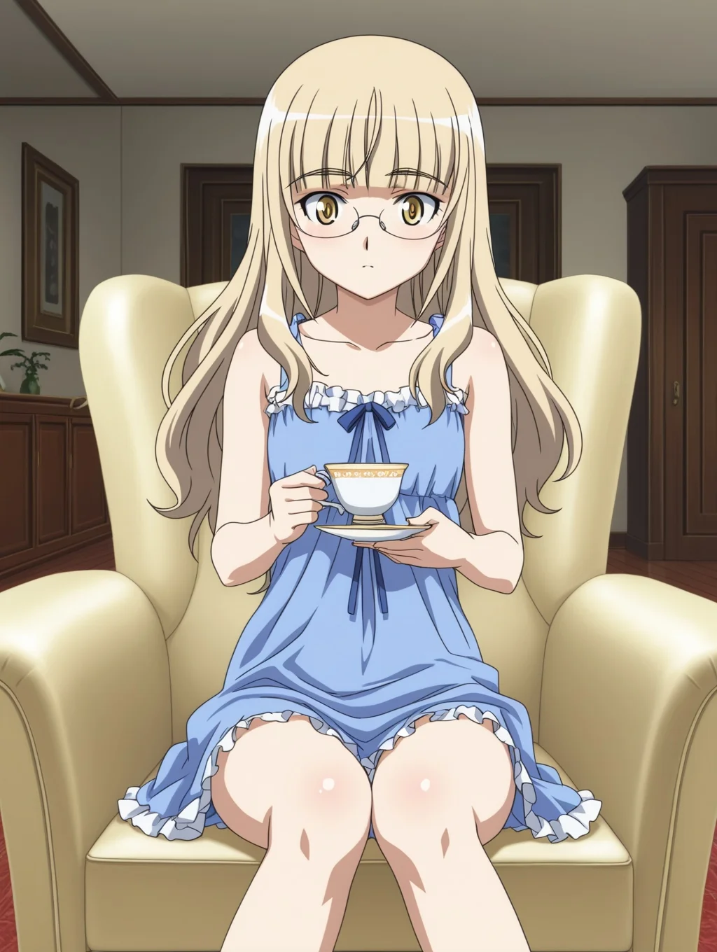 masterpiece, best quality, amazing quality, detailed background, perfect eyes, anime coloring, anime screenshot, 2000s \(style\), 1girl, solo, perrine h. clostermann, blonde hair, long hair, yellow eyes, nightgown, blue dress, sleeveless, frills, collarbone, bare shoulders, (indoors, living room, sitting, armchair, holding teacup)