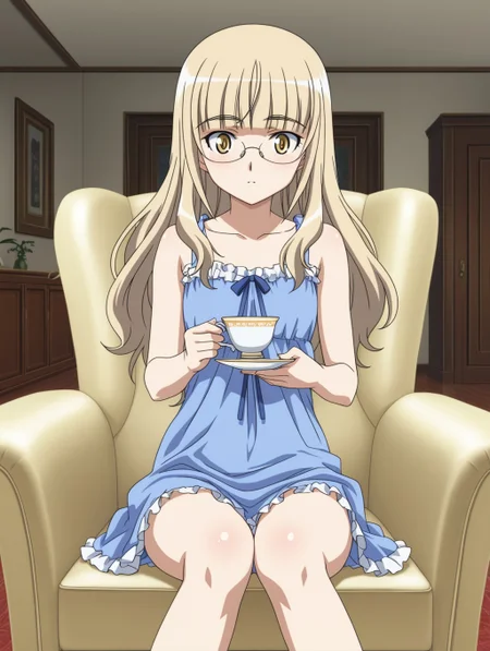 masterpiece, best quality, amazing quality, detailed background, perfect eyes, anime coloring, anime screenshot, 2000s \(style\), 1girl, solo, perrine h. clostermann, blonde hair, long hair, yellow eyes, nightgown, blue dress, sleeveless, frills, collarbone, bare shoulders, (indoors, living room, sitting, armchair, holding teacup)