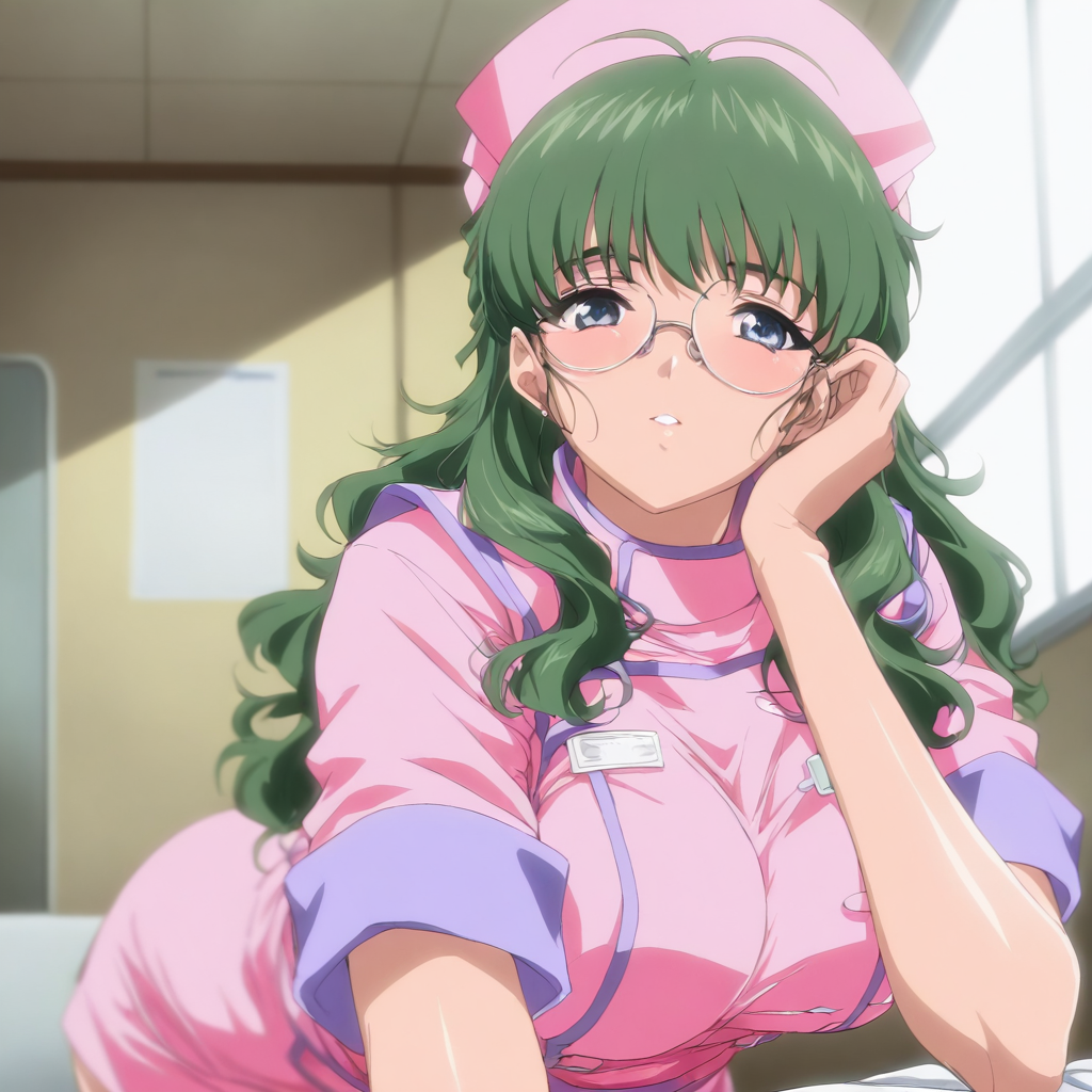 masterpiece,high score,great score,absurdres,1girl,solo,looking at viewer,<lora:Aoi_Akimoto ag4o v1:1> aoi_akimoto, green hair, long hair, blue eyes, glasses,nurse,
