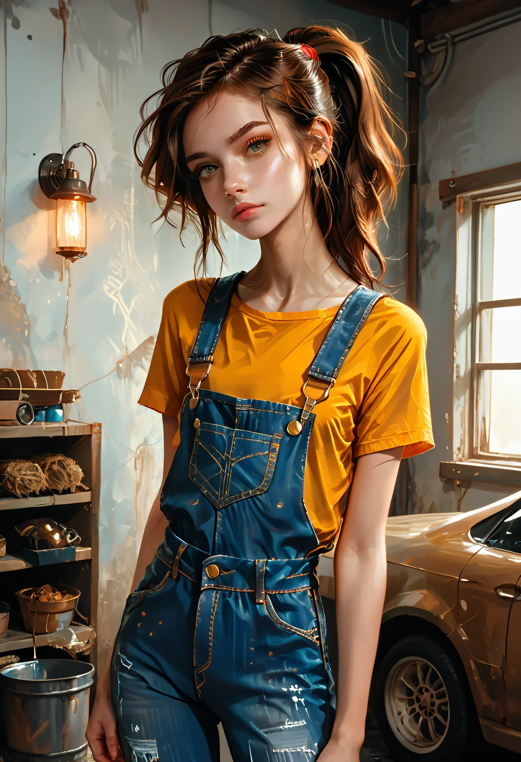 score_9, score_8_up, score_7_up, score_6_up, 1 gorgeous girl,masterpiece, best_quality, detailed_eyes, woman, brown hair, swept bangs,ponytail style, work overalls, dungareees, oil on pants, in garage, looking at viewer, small breasts, midriff, golden hour glow <lora:Body Type_alpha1.0_rank4_noxattn_last:1.3> <lora:Round_Breasts_XL_XV7:0.3> round breasts, <lora:g0th1cPXL:0.6> g0thicPXL, glowing, neon <lora:quality_modifiers_masterpieces_v1:1> masterpiece, best quality, very aesthetic