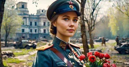 cinematic still portrait of beautiful Soviet Soldier girl holding flowers, WWII, Intricately Designed Soviet military uniform, NKVD, ultra-realistic body, soft lighting, foggy morning, spring blossom trees, city ruins, waist up, big blue eyes, freckles, 8K, cinematic lighting, god rays, watercolor style illustration, subtle halftones, spring morning atmosphere, high budget cinematic shot, war movie shot . emotional, harmonious, vignette, 4k epic detailed, shot on kodak, 35mm photo, sharp focus, high budget, cinemascope, moody, epic, gorgeous, film grain, grainy, Volumetric Lighting, portrait of beautiful Soviet Soldier girl holding flowers, WWII, Intricately Designed Soviet military uniform, NKVD, ultra-realistic body, soft lighting, foggy morning, spring blossom trees, city ruins, waist up, big blue eyes, freckles, 8K, cinematic lighting, god rays, watercolor style illustration, subtle halftones, spring morning atmosphere, high budget cinematic shot, war movie shot, light depth, dramatic atmospheric lighting, Volumetric Lighting, Watercolor style painting, portrait of beautiful Soviet Soldier girl holding flowers, WWII, Intricately Designed Soviet military uniform, NKVD, ultra-realistic body, soft lighting, foggy morning, spring blossom trees, city ruins, waist up, big blue eyes, freckles, 8K, cinematic lighting, god rays, watercolor style illustration, subtle halftones, spring morning atmosphere, high budget cinematic shot, war movie shot, visible paper texture, colorwash, watercolor, portrait of beautiful Soviet Soldier girl holding flowers, WWII, Intricately Designed Soviet military uniform, NKVD, ultra-realistic body, soft lighting, foggy morning, spring blossom trees, city ruins, waist up, big blue eyes, freckles, 8K, cinematic lighting, god rays, watercolor style illustration, subtle halftones, spring morning atmosphere, high budget cinematic shot, war movie shot, great composition, dynamic dramatic detail, highly detailed, rich bright colors, aesthetic, very inspirational, inviting, vibrant, artistic, fine, innocent, inspiring, pretty, attractive, smart, full color, epic, cool, creative, positive, cheerful, friendly, determined, reliable, generous, alive, intricate background