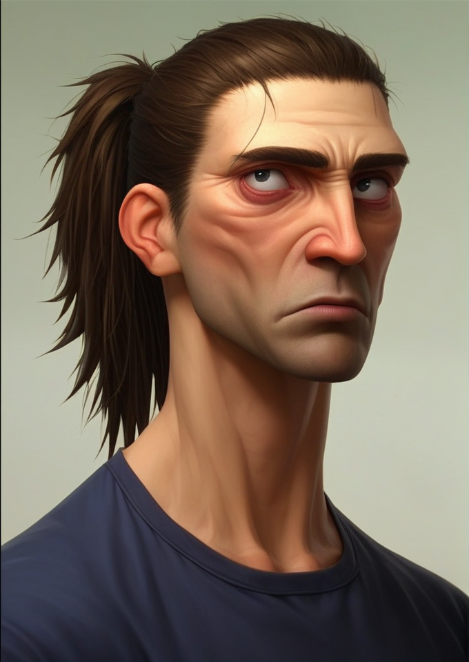 portrait, 1boy, tshirt, ponytail, dusty face, striking eyes, dull lips, droopy nose, prominent jaw,