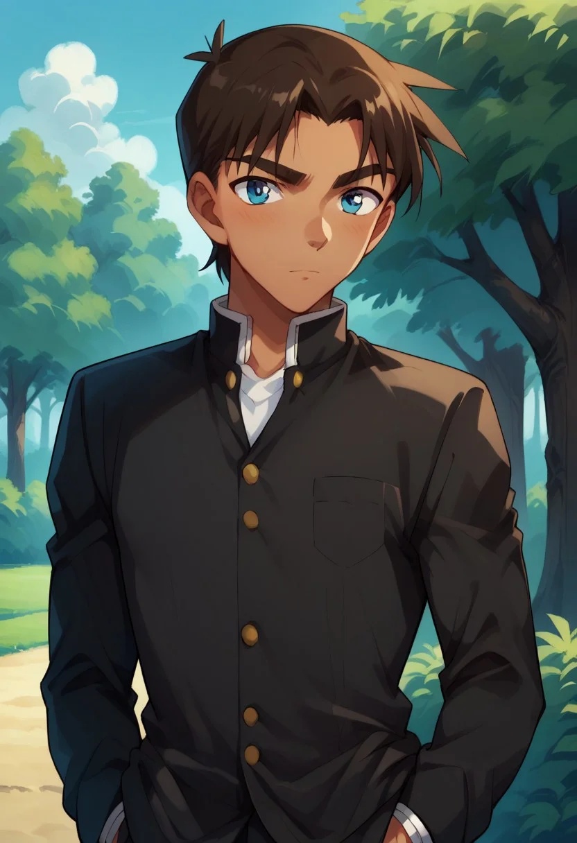 score_9, score_8_up, score_7_up, source_anime, highly detailed,
heijihattori, 1boy, male focus, solo, school uniform, gakuran, hands in pockets, outdoors, brown hair, blue eyes, dark-skinned male, thick eyebrows, day, upper body
outdoor, sky, tree