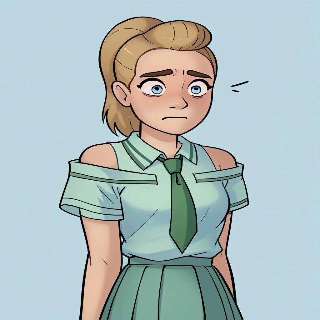 score_9, score_8_up, score_7_up, relatedguy, bust shot, solo, bare shoulders, CHAdora, simple background, one colour background, light blue background, Guilty, Downcast eyes, slumped shoulders, and a slightly ashamed expression, School Uniform, Green Tie, Green Collar Shirt, Skirt, Pleated Skirt, Short Sleeves, Long Socks,