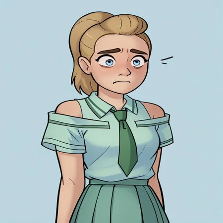 score_9, score_8_up, score_7_up, relatedguy, bust shot, solo, bare shoulders, CHAdora, simple background, one colour background, light blue background, Guilty, Downcast eyes, slumped shoulders, and a slightly ashamed expression, School Uniform, Green Tie, Green Collar Shirt, Skirt, Pleated Skirt, Short Sleeves, Long Socks,