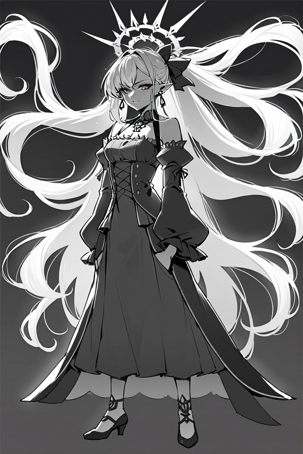 score_9, score_8_up, score_7_up, baobhan sith \(fate\), detached sleeves, dress, earrings, frills, long hair, pink hair, pointy ears, red dress, sidelocks, solo, solo focus, full body, simple background, black background, monochrome, greyscale, dark  Standing with hands in pockets, spot color, <lora:dblack:1>