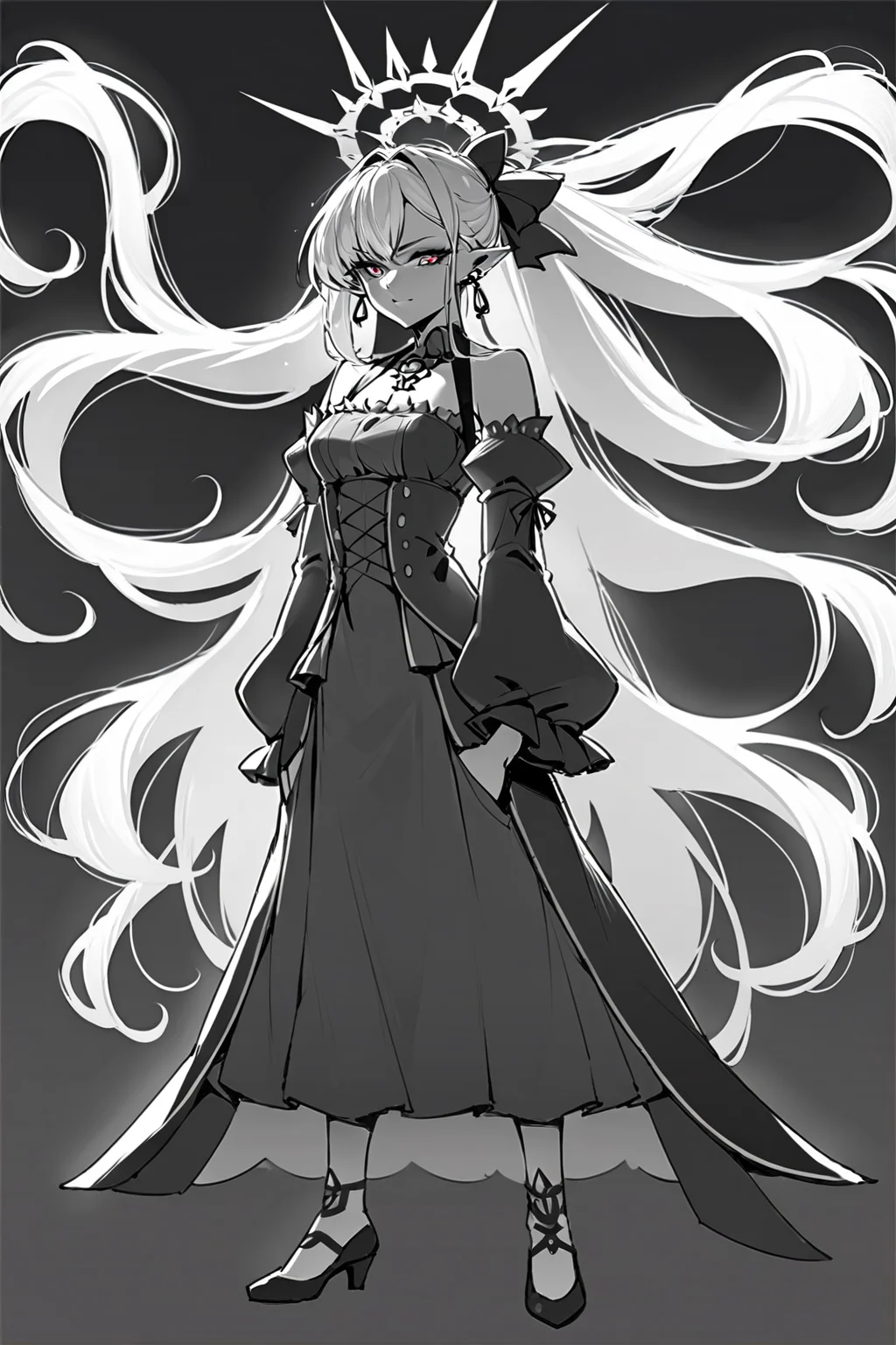 score_9, score_8_up, score_7_up, baobhan sith \(fate\), detached sleeves, dress, earrings, frills, long hair, pink hair, pointy ears, red dress, sidelocks, solo, solo focus, full body, simple background, black background, monochrome, greyscale, dark Standing with hands in pockets, spot color, <lora:dblack:1>