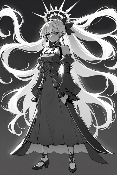 score_9, score_8_up, score_7_up, baobhan sith \(fate\), detached sleeves, dress, earrings, frills, long hair, pink hair, pointy ears, red dress, sidelocks, solo, solo focus, full body, simple background, black background, monochrome, greyscale, dark Standing with hands in pockets, spot color, <lora:dblack:1>