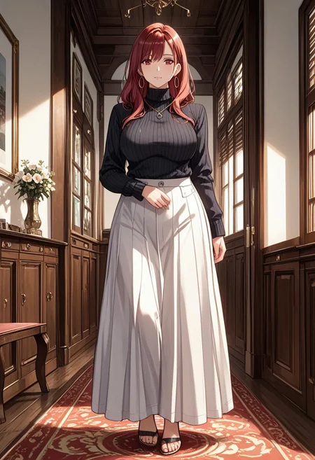 score_9, score_8_up, score_7_up, (masterpiece, detailed:1.2), (best quality:1.2), (High Resolution), (More Details), (8K), (High Resolution), female focus, sharp focus, newest, ultra-detailed, 1girl, solo, mature woman, milf, long hair, red hair, red eyes, large breasts, jewelry, earrings, sweater, turtleneck, hoop earrings, black sweater, white skirt, full body, various expressions, various poses, front view, dinning room, house