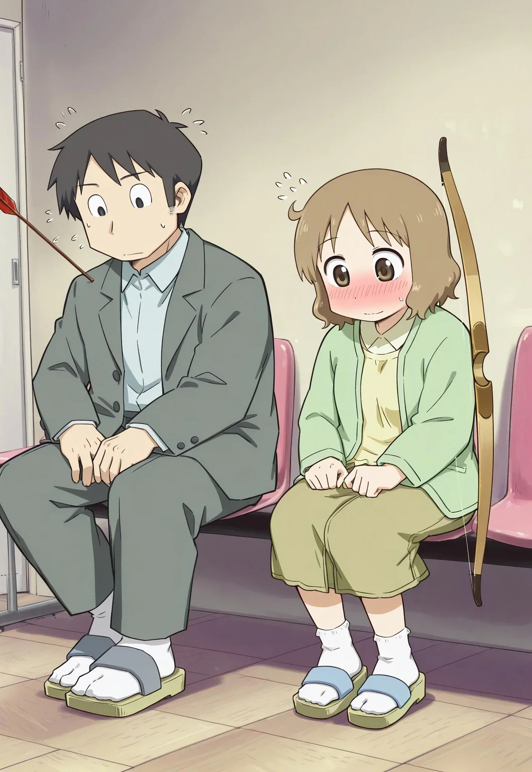 best quality, father_shot_by_son_\(meme\), 1girl, 1boy, sitting, indoors, door
BREAK
arrow \(projectile\), arrow in body, takasaki manabu, suit, closed mouth, open jacket, black eyes, black hair, socks, sandals, larger male
BREAK
sakurai izumi, holding weapon, bow \(weapon\), looking down, embarrassed, flying sweatdrops, green cardigan, brown skirt, yellow shirt, brown eyes, brown hair, looking down, smaller female, collared shirt