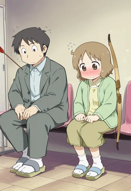 best quality, father_shot_by_son_\(meme\), 1girl, 1boy, sitting, indoors, door
BREAK
arrow \(projectile\), arrow in body, takasaki manabu, suit, closed mouth, open jacket, black eyes, black hair, socks, sandals, larger male
BREAK
sakurai izumi, holding weapon, bow \(weapon\), looking down, embarrassed, flying sweatdrops, green cardigan, brown skirt, yellow shirt, brown eyes, brown hair, looking down, smaller female, collared shirt