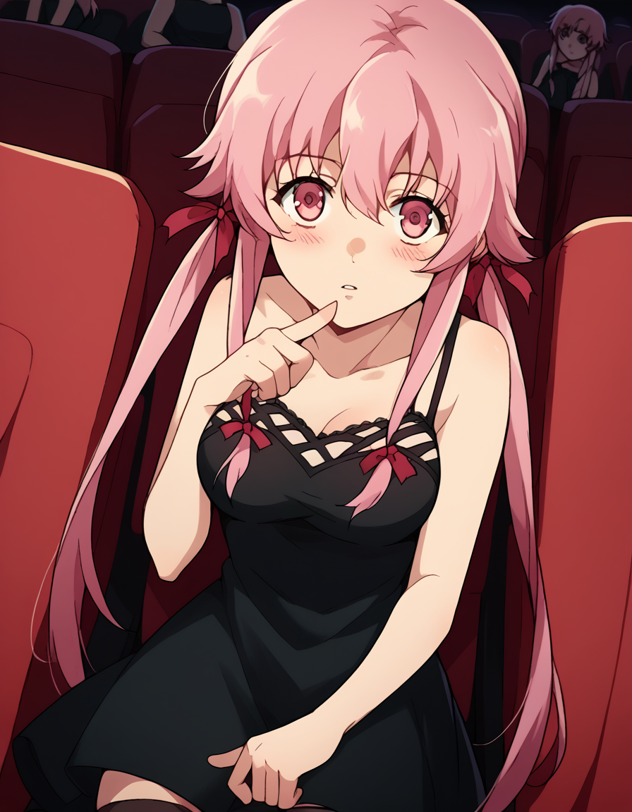 score_9, score_8_up, score_7_up, source_anime, <lora:yuno-gasai-s1-ponyxl-lora-nochekaiser:1>, yuno gasai, long hair, pink hair, pink eyes, sidelocks, ribbon, red ribbon, hair ribbon, twintails, medium breasts, thighhighs, dress, bare shoulders, black dress, black skirt, sleeveless, sleeveless dress, spaghetti strap, collarbone,, movie theater, screen, seats, popcorn, film, , <lora:x-fingers-ponyxl-lora-nochekaiser:1>, x fingers, blush, parted lips,, looking at viewer, solo,, dutch angle, cowboy shot