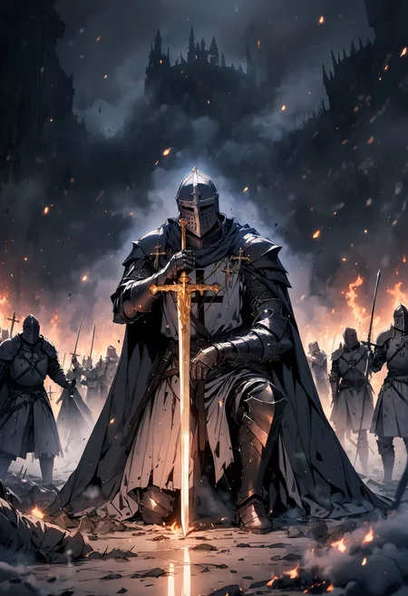 KNIGHT CRUSADER, HELMET, POINTY CRUSADER HELMET, GREAT HELM, GREAT HELM WITH A CROSS, FLAT GREAT HELM, FLAT GREAT HELM WITH A CROSS, FLAT CRUSADER HELMET,armor,black armor,gold lining,holding a glowing sword by the handle,cape,fog,dead knights on the ground,swords,dark,fire,battlefield,kneeling on the ground,snowing,dark background,masterpiece,best quality,ultra detailed, <lora:add-detail-xl:1>, <lora:Dark_Knight:0.8>