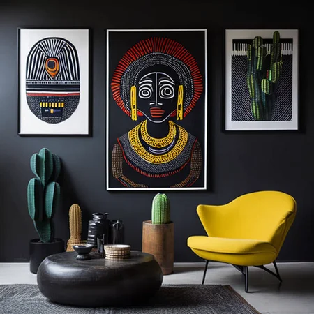 <lyco:African_style_interior_design_Sa_May:1.0> an art print on the wall with a cactus in the corner, in the style of igbo (ibo) art, oversized portraits, ndebele art, monumental ink paintings, quirky characters and objects, contrasting lights and darks, art brut